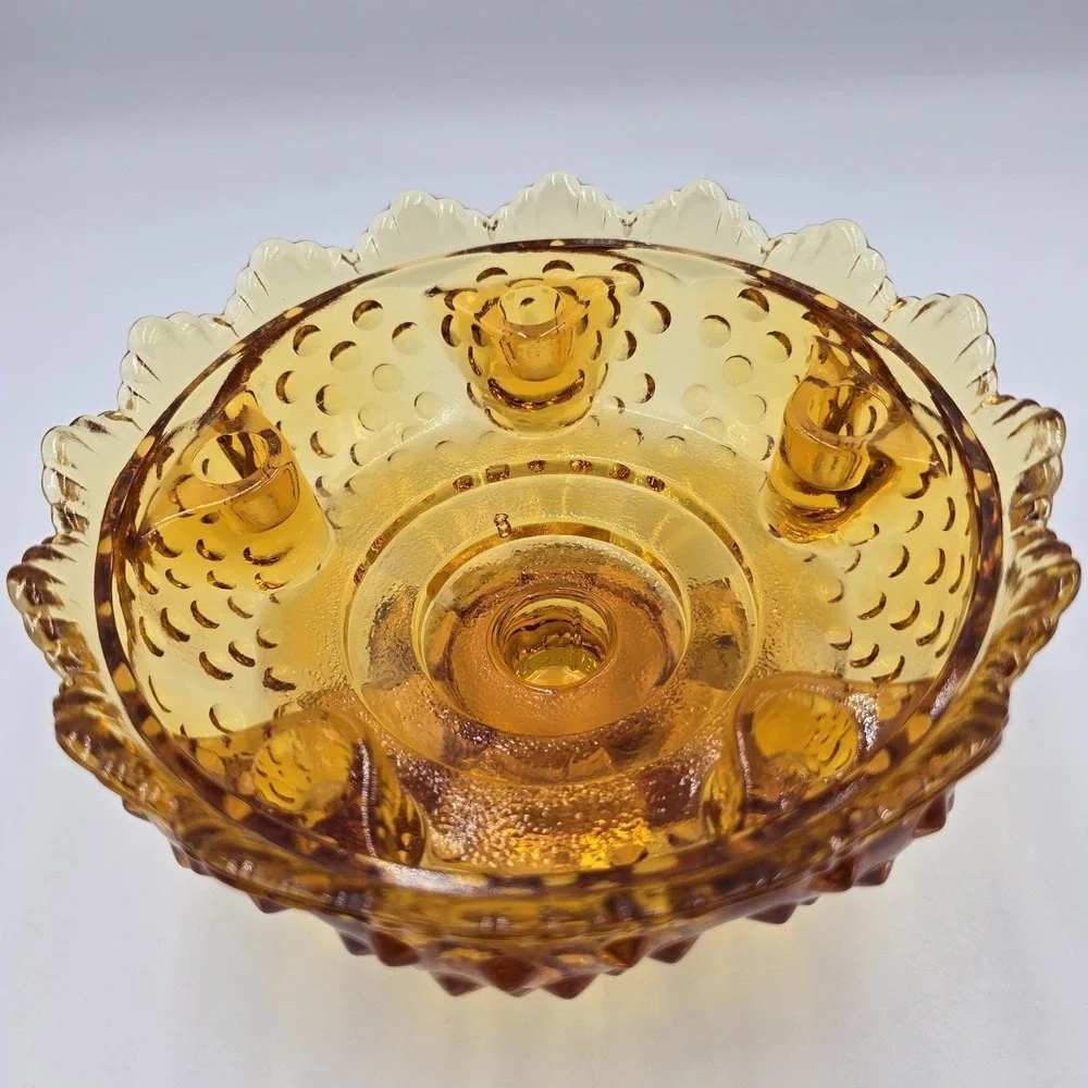 VTG Fenton Amber Hobnail Footed Glass Candle Holder Bowl Pat 3547569 MCM